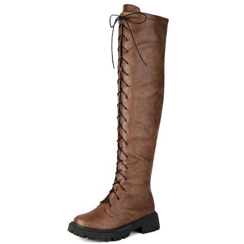 DINTAHA Lace Up Thigh High Boots Low Heel Over The Knee Platform Boots Long Knee High Boots