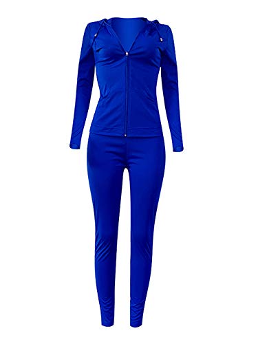 Bornpom Women Long Pants Outfit Set Long Sleeve Full Zip Hoodie Slim Fit 2 Piece Jumpsuits Romper Bodysuit Blue Xxl #TOP2