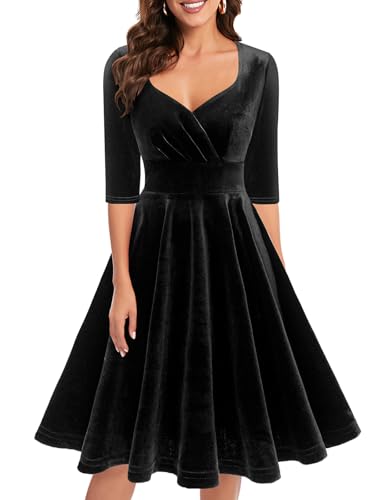 Bbonlinedress Schwarzes Kleid Damen 3/4 arm V-Ausschnitt Kleider Knielang Festliche Samtkleider elegant Winterkleid Cocktailkleid Black XL