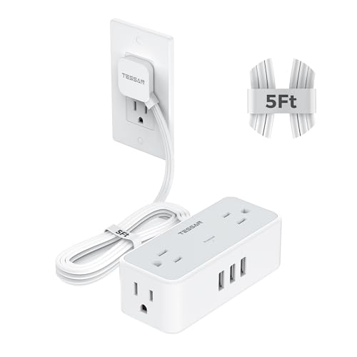 Ultra Thin 5FT Flat Extension Cord, TESSAN Surge Protector Flat Plug Power Strip, 4 Wide Spaced AC Outlets 3 USB A, 900 Joules Protection, Suitable for Home Office Dorm