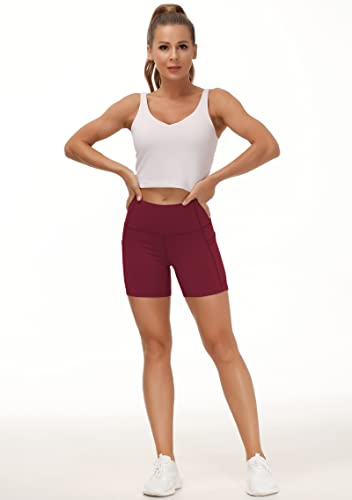 Image of THE GYM PEOPLE High Waist Yoga Shorts for Women's Tummy Control Fitness Athletic Workout Running Shorts with Deep Pockets
