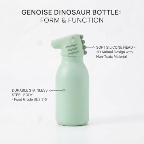 Image of JOUET Kids Stainless Steel Water Bottle 450ml with Mint Green Dinosaur Character Lid, Leakproof Straw Bottle for School, Travel & Daily Use