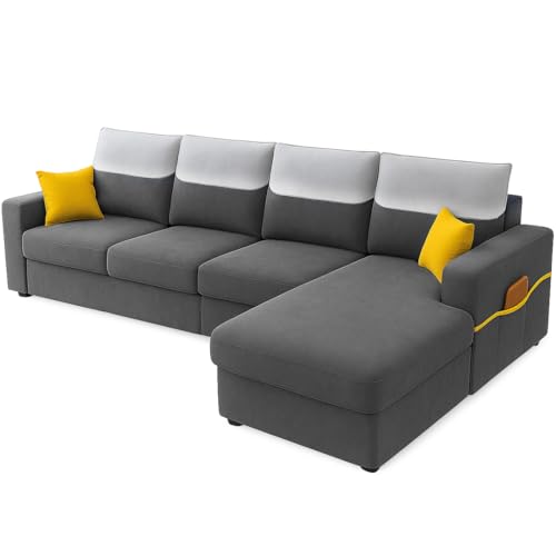 Image of Furny Tokiaa 8 Seater Fabric RHS L Shape Sofa Set with 1 Centre Table & 2 Puffy (Dark Grey) | Soft Velvet Fabric | Modern Design | Comfortable Seating | Living Room Furniture