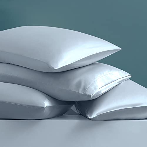 Image of Ersmak 7 Pieces Satin Sheets Set Queen Size, Luxury Silky Light Blue Satin Bed Sheets Set with 1 Deep Pocket Fitted Sheet, 1 Soft Flat Sheet, 4 Queen Pillowcases and 1 Body Pillowcase