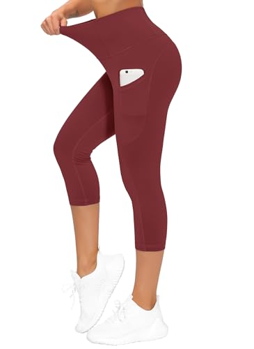 Image of THE GYM PEOPLE Thick High Waist Capris Yoga Pants with Pockets, Tummy Control Workout Running Yoga Leggings for Women