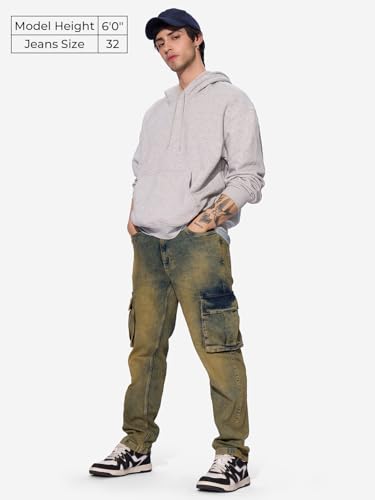 Image of The Souled Store Denim: Washed Green Men and Boys Buttoned Cotton Blend Straight Fit Cargo Jeans