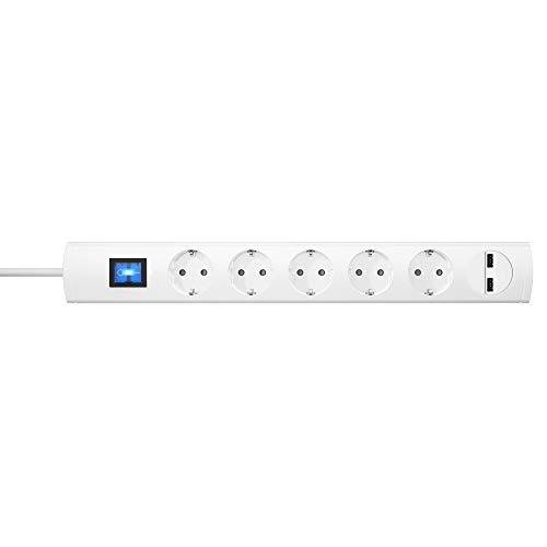 UNOversal Plus Steckdosenleiste 5 2-Fach USB-Ladeport, 1,4 m Kabel, 90° gedrehte Töpfe, großer Steckdosen-Abstand, anschraubbar, beleuchteter