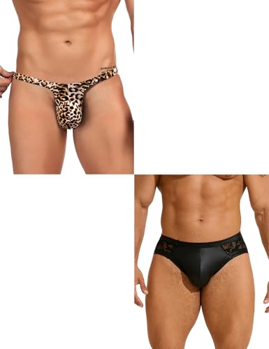 ohyeahlady Mens G-String Thong Underwear Leopard Print and Mens Lace Underwear Sexy Thong G-String Low Rise PU Faux Leather L