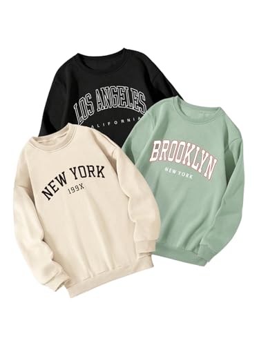 Floerns Girl's 3 Pcs Letter Print Long Sleeve Drop Shoulder Pullover Crewneck Sweatshirts