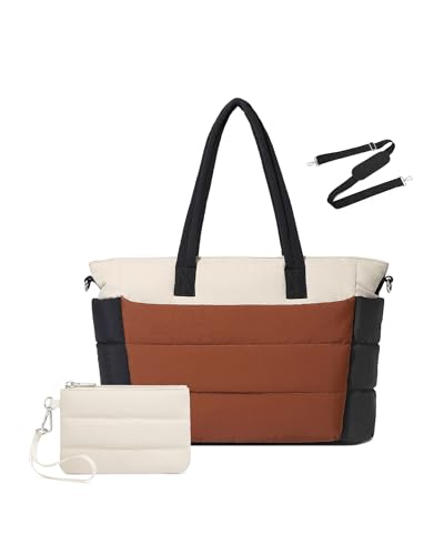 Tote Bag for Women 2PCS, Puffer Quilted Shoulder Bag Handbag with Laptop Compartment Detachable Purse for Travel Gym