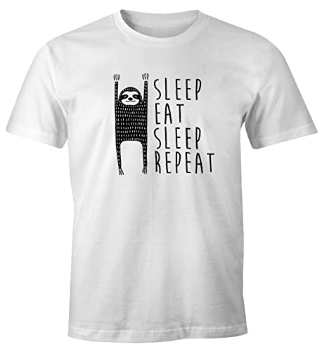 MoonWorks lustiges Herren T-Shirt Sleep Eat Sleep Repeat Faultier Fun-Shirt aus Reiner Baumwolle weiß L