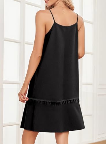 Image of Dokotoo Summer Dresses for Women 2026 Spaghetti Strap Sexy Deep V Neck Smocked Ruffle Flowy Boho Dresses