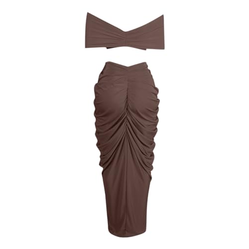 Women's Strapless Skirt Outfit Stretchy Two Piece Set Ruched Cami Crop Tops Maxi Skirts Sexy Bodycon Sets4