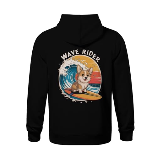 Kids Vintage Corgi Surfing on the Great Waves off Kanagawa Boys Girls Lightweight Kangaroo Pocket Fleece Hoodies3