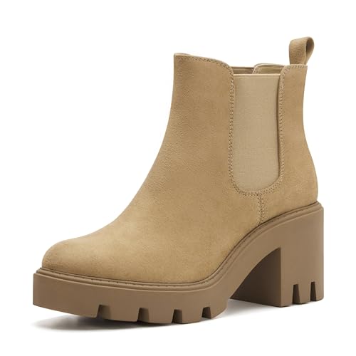 Women's Chelsea Boots Fashion Platform High Heel Ankle Booties Round Toe Casual Elastic Chunky Block Heel Boots