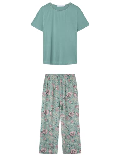 Women'secret Pijama Verde Manga Corta pantalón Capri Flores Viscosa satén Juego, XXL para Mujer