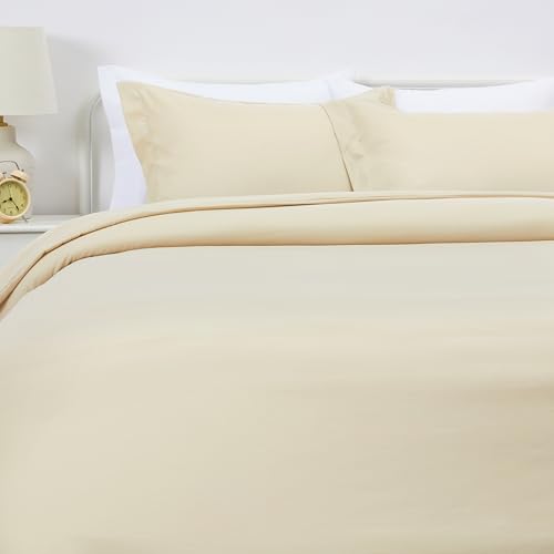 Image of Amazon Basics Lightweight Microfiber 3-Piece Duvet Cover Set with Zipper Closure, Full /Queen, Beige, Solid