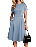 Damen Kleider Elegante, A-Linie Rundhals Kuzarm Kleid Damen mit Tasche, Business Festliche Kleider Rockabilly Graublau M