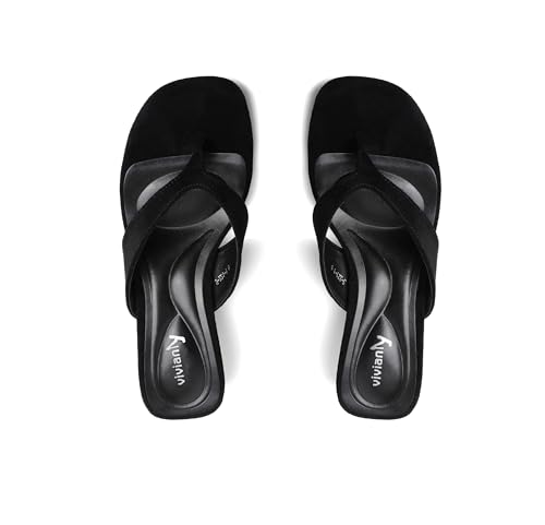 Image of vivianly Women's Suede Low Chunky Block Heel Flip Flops Square Toe Thong Heeled Sandals Casual Slip On Mules for Work Beach Casual Outings