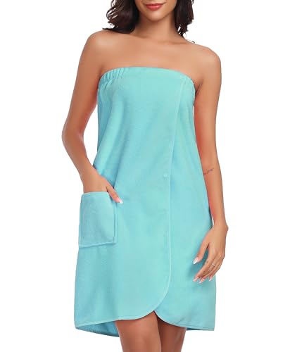 Lovasy Albornoz para Mujer Toalla de Envoltura de Spa Bata de Casa Mujer de Baño con Bolsillos, Botón de Presión y Banda Elástica Ajustable,Azul pavo real,XL-XXL
