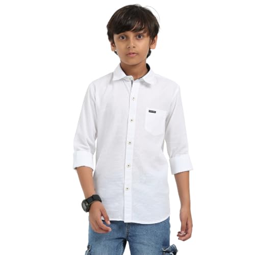 Image of ROCKET SCIENCE Boys Single Pocket Shirt | Regular Fit, Spread Collar, Full Sleeves, 100% Cotton Linen Fabric White
