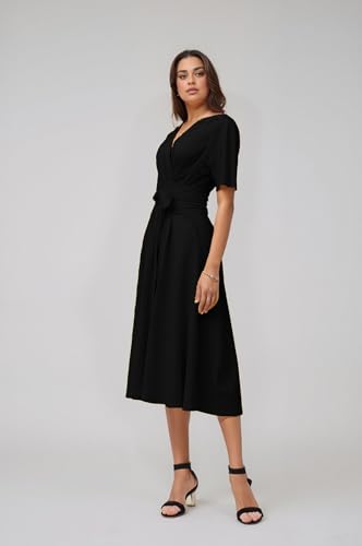 Image of Comfortable Dresses for Women Stretchy Flattering Fit Wrap Dress V Neck Short Sleeve Tie Waist Daily Wear Work Vacation