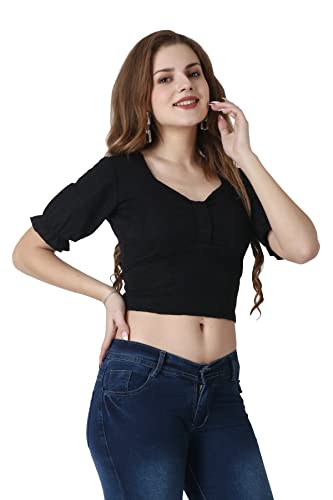 Image of POPWINGS Casual Black Solid Self Design Half-Sleeves Crop Top for Women || Sweet Heart Neck Summer Crop Top for Women || Crop Tops for Women Fancy Crop Top for Women