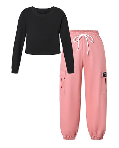 Image of Betusline Girls Fall Winter Clothing Sets, Long Sleeve Crop Top & Cargo Jogger Pants 2 Piece Outfit Sets,4T-14Y