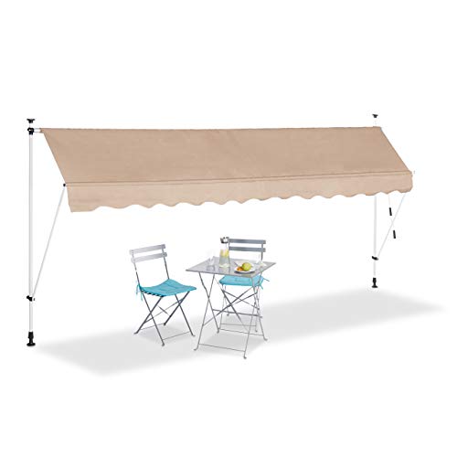 Relaxdays, beige Auvent rétractable 400 cm Store manuel balcon marquise soleil terrasse hauteur réglable sans perçage, 400 x 120 cm