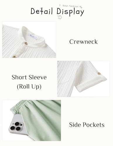 Image of Arshiner Boy's 2 Piece Beach Outfit Short Sleeve Textured Button Down Shirt and Short Sets Summer Vacation Wear 4-12 Years