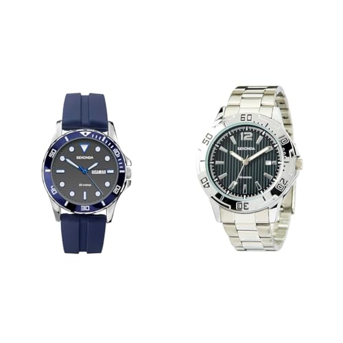 Sekonda Sport Watch 1702 & Men's Quartz Watch with Black Dial Analogue Display and Silver Stainless Steel Bracelet 1171.27