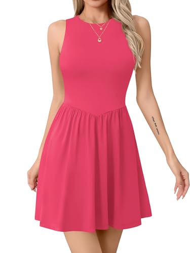 Missufe Damen Minikleid Rockabilly A-Linie Freizeitkleid Ärmellos Rundhals Kurzes Tank Kleider (Rosa, Groß)