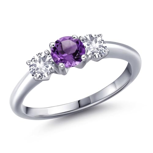 Gem Stone King 925 Sterling Silver Purple Amethyst and White Created Sapphire Engagement Ring For Women | 0.98 Cttw | Round 5MM | Gemstone February Birthstone | Available in Size 5,6,7,8,9