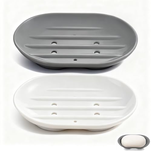 2-Pack Silicone Soap Dish Holder -Flexible Soap Box Self-Draining Anti-Slip Soap Tray for Shower Bathroom & Kitchen Countertop or Shelf Easy to Clean