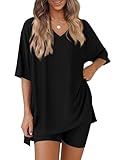 PRETTYGARDEN 2 Piece Sets for Women Summer 2026 Lounge Short Set Spring Matching Biker Shorts V Neck Oversized Shirt Clothing (Black,Medium)
