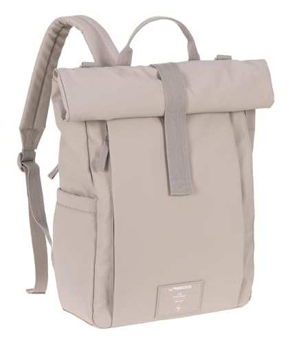LÄSSIG Baby Wickelrucksack Wickeltasche Rucksack mit Wickelunterlage, Kinderwagenbefestigung, Flaschenhalter nachhaltig produziert/GRE Rolltop Up Backpack taupe