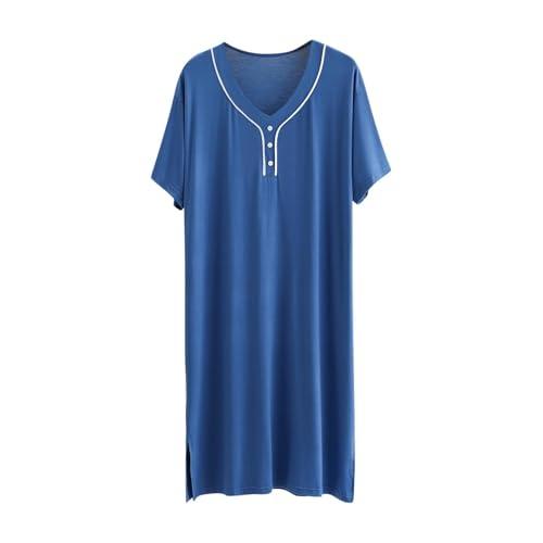 Men's Oversized Nightgown V Neck Short Sleeve Knee Length Nightshirt Lounge Lightweight Loose Fit Nightdress