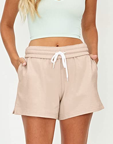Automet Womens Shorts Casual Summer Drawstring Comfy Sweat Shorts Elastic High Waist Running Shorts With Pockets Khaki #TOP2