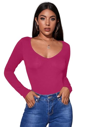 Image of Aahwan Women Cotton Blend Solid V-Neck Full Sleeves Fitted Tee Top