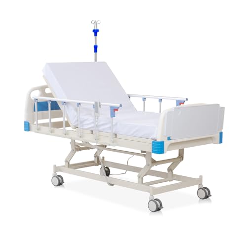 Hospital Bed, 3-Function Full Electric Hospital Beds for Home Use, 4.7" Foam Mattress, IV Pole, JIECANG Motor & Control System, Individual Locking, 5" Casters, Includes (2X) Sheets and Bedside Tray
