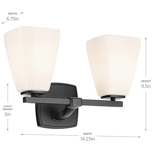 Image of Kichler Marant 2-Light Bathroom Vanity Light Fixture with Opal Glass, 14.25 inch Modern Wall Sconce in Black for Over Mirror, Powder Room (14.25 inch W x 9.5 inch H), 55215BK
