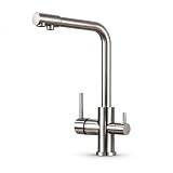 VENOM - Rubinetto da cucina a 3 vie con attacco separato per filtro dell'acqua, girevole a 360°, con due beccucci, corpo in ottone, cartuccia in ceramica, montaggio monoforo, cucina (acciaio