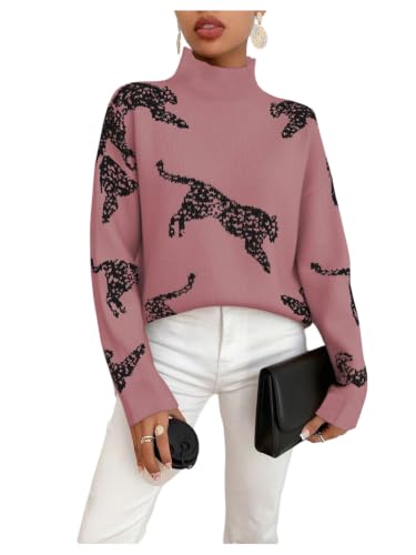 Image of WDIRARA Women's Leopard Tiger Print Sweater High Neck Long Sleeve Fuzzy Knitted Pullover Top
