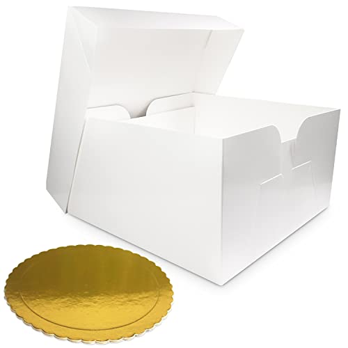 Cake Box 12 Inch Pack of 10, Includes 10 White Cake Boxes with Removable Lids and 10 Golden Cake Boards