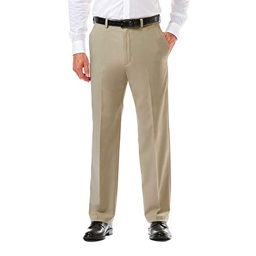Haggar Men's Cool 18 PRO Classic Fit Flat Front Expandable Waist Pant, Khaki, 36Wx32L