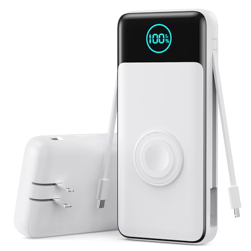 Image of Portable Charger for iPhone with Built-in Cables and AC Wall Plug,26800mah Fast Charging USB C Power Bank,25W PD Travel Essential Battery Pack for iPhone 17 /16 /15 /14 /13,Galaxy,Apple Watch (White)