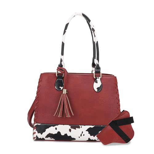 Image of JESSIE & JAMES Montana Whipstitching Cow Print Top Handle Satchel Purse with Adjustable Shoulder Strap