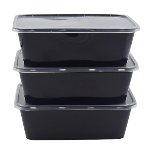 Reusable Rectangle Plastic Food Storage Containers with Lids - Fridge, Microwave Safe - Ideal for Food Delivery, Kitchen and Storage (Pack of 25) 750ml, Black