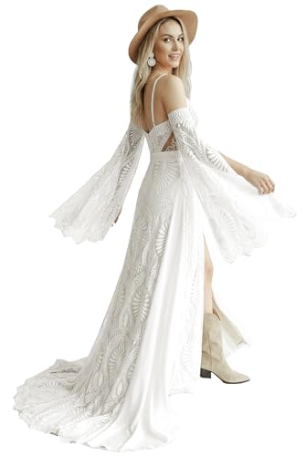 Ayervici Bohemian Lace Wedding Dresses for Bride A Line Plunging