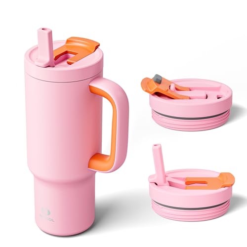 ENCOOL 32 oz Tumbler with Handle and Flip Straw, 100% Resistant Tumbler with Lid and Straw, Insulated Stainless Steel Travel Coffee Mug, Keeps Cold for 24 Hours, Cup Holder Friendly (Blush)